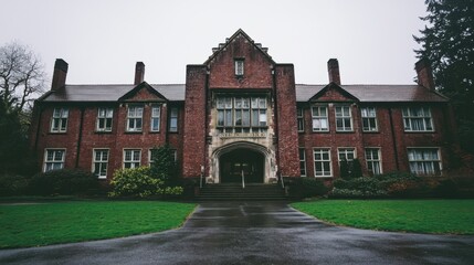 A red brick middle school with tall windows and an inviting front entrance