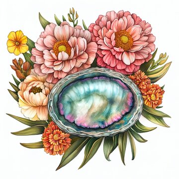 Vibrant floral arrangement with abalone shell in a colorful display of nature's beauty