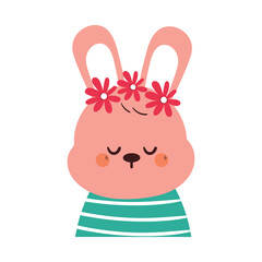 cute hand drawing cartoon bunny with flower crown. cute animal drawing for sticker and icon