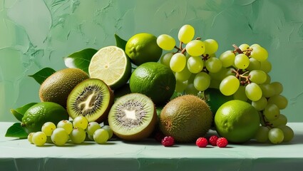 A pile of delicious green fruits - kiwi, lime, grapes