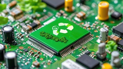 Obraz premium Abstract close-up of a microchip embedded with green technology symbols, representing advancements in clean tech innovation.