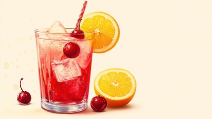 Refreshing cherry and lemon cocktail in a glass with ice.