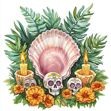Colorful celebration featuring skulls, flowers, and candles near a seashell in a vibrant arrangement for a cultural event