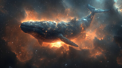 Obraz premium Cosmic Whale: A surreal image of a whale engulfed in celestial fire, floating amidst swirling nebulae, showcasing a breathtaking scene that merges marine life with space