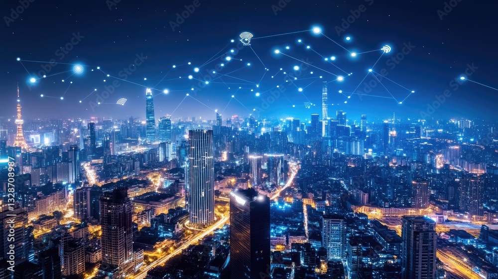 Poster abstract image of smart clean-tech city infrastructure integrating ai-driven solutions.