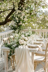 An inviting outdoor dining scene featuring elegant floral arrangements and a relaxed atmosphere for gatherings.