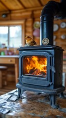 A small bird perches atop a rustic wood burning stove, its flames glowing warmly against a wooden cabin interior. The scene evokes a cozy, rural atmosphere.