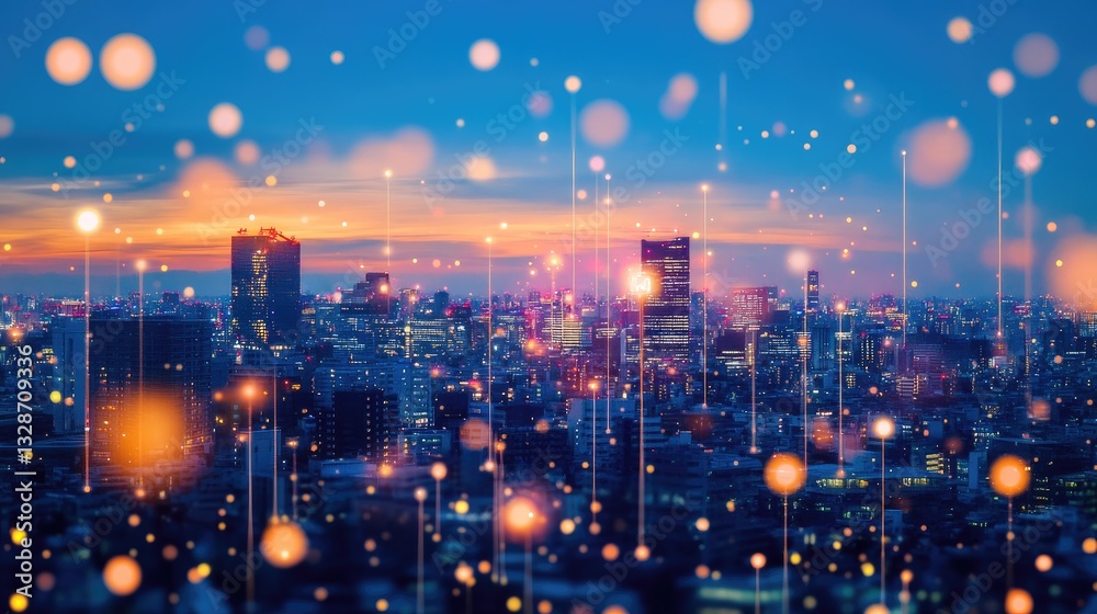 Poster abstract image of smart clean-tech city infrastructure integrating ai-driven solutions.