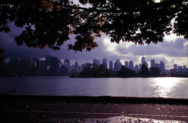 View of Vancouver downtown skyline and coal harbour in British Columbia, Canada during 1990s