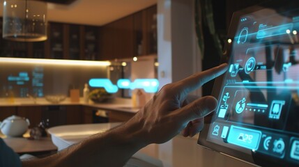 Futuristic Smart Home Control: Glass Tablet with AR Holograms in Action