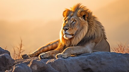 Obraz premium Majestic lion resting on a rock at sunrise