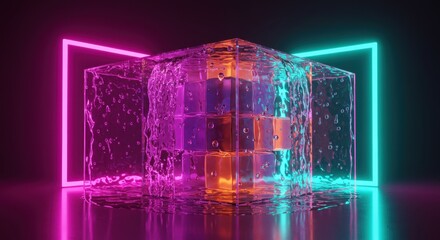 Neon Cubes Immersed in Water: Abstract Digital Art with Vibrant Pink and Teal Lighting