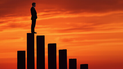 Businessman Standing on Top of a Bar Graph at Sunset, Achieving Success and Growth