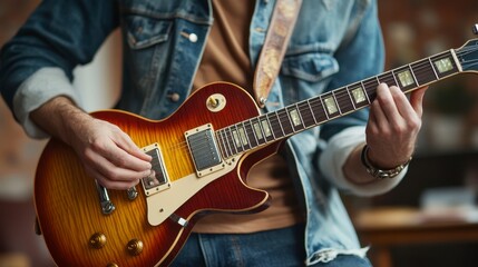 Fototapeta premium Closeup of a man's hands playing a sunburst electric guitar. He's wearing a denim jacket and brown shirt. The background is blurred.