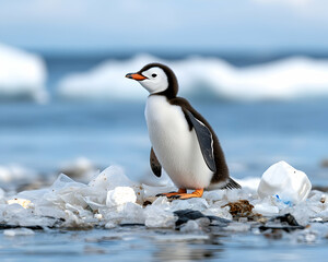 Fototapeta premium A young penguin stands amidst plastic waste near icy water