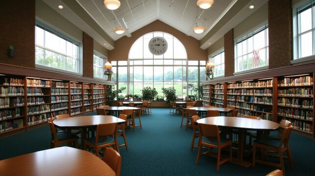 A spacious school library with towering bookshelves and study areas