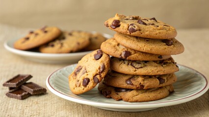 Freshly baked chocolate chip cookies stacked on a plate