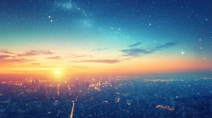 Fototapeta premium A stunning city skyline under a clear starry night, with cosmic elements blending into the atmosphere