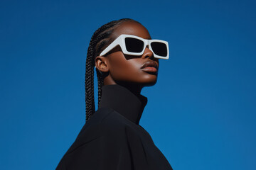 Fashion model wearing stylish sunglasses and posing against blue background