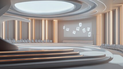 Obraz premium A D render of a futuristic lecture hall with holographic notes floating in the air. No people.
