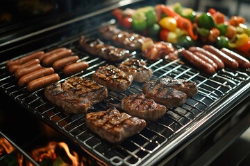 Juicy steaks and sausages sizzling on a barbecue grill, accompanied by colorful vegetable skewers, creating a delicious outdoor cooking scene