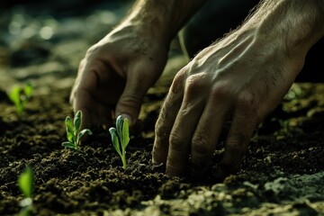 Hands planting seedlings in rich soil during daylight at a garden location