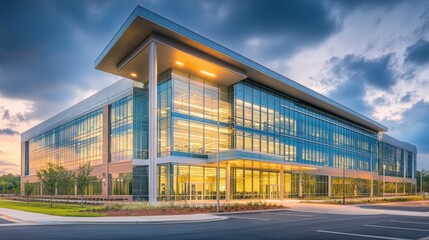 Fototapeta premium A wide-angle shot of a glass office building at twilight with interior lights on