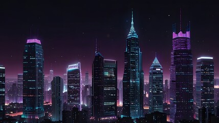 Fototapeta premium Nightscape of a Futuristic City: A mesmerizing view of a cityscape at night, featuring sleek, illuminated skyscrapers.