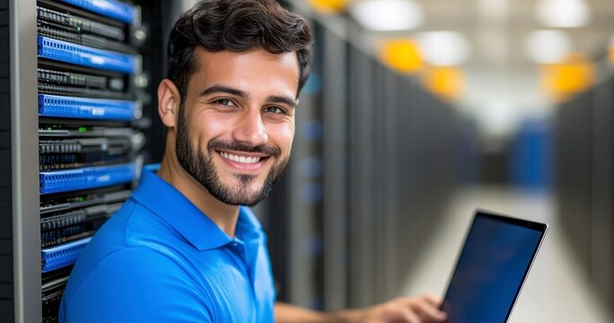 Smiling young man in a blue shirt works on a laptop in a server room. Bright lighting, technological environment.