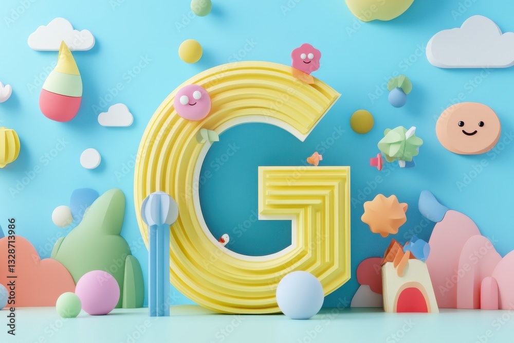 Aufkleber Bright and whimsical display of colorful 3D shapes around a large letter G in a playful setting