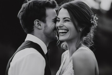 Black and white portrait of cheerful spouses sharing a moment of joy and laughter on their wedding day