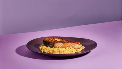 Grilled salmon served on a bed of saffron-infused rice