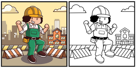 Worker with yellow helmet character coloring page illustration