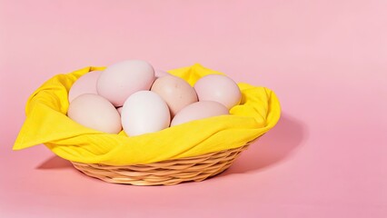 Fresh eggs in a vibrant basket on a pink background