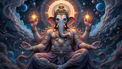 A grand comic illustration of Ganesha as the cosmic creator, his massive form entwined with the fabric of space and time