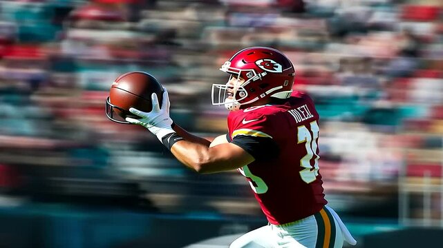 Dynamic football player catching a pass during a game, with blurred crowd in the background