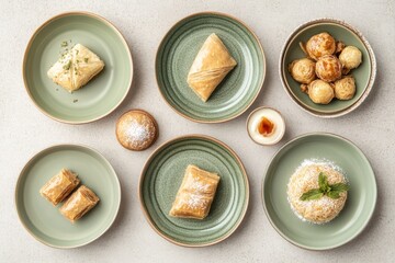 Delightful Assortment of Mediterranean Pastries Displayed on Elegant Plates in a Cozy Setting