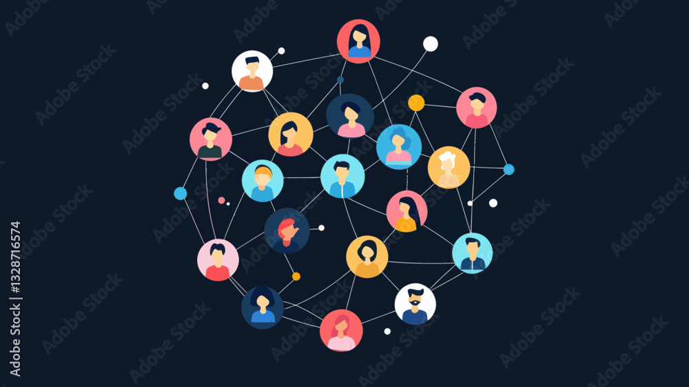 Poster social media network with diverse user avatars connected by lines representing interaction and commu