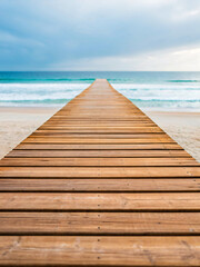 Fototapeta premium Serene Wooden Pier Extending Over Calm Ocean Waters Under Soft Cloudy Sky
