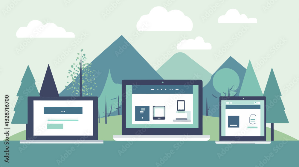 Poster flat design illustrating responsive web design and development across devices with mountainous backg