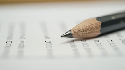 A close-up of a test paper with multiple-choice answers and a sharpened pencil, symbolizing exams. No people.