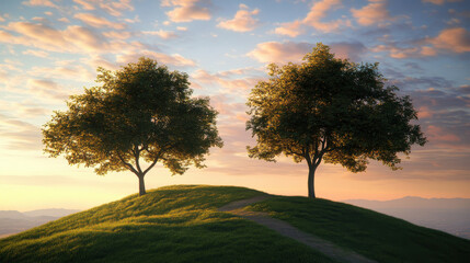 Fototapeta premium Two verdant trees rise on a grassy knoll as the sun sets, casting warm hues across the sky and creating a peaceful atmosphere in nature