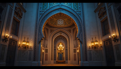 A beautifully decorated grand archway with intricate Islamic geometric patterns, softly illuminated by golden lanterns