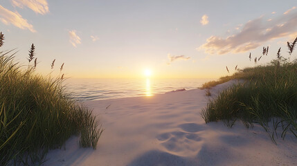 Golden Sands at Sunset: Tranquil Beach and Ocean Waves at Twilight