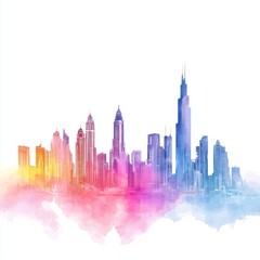 Obraz premium Colorful Abstract City Skyline with Tall Buildings and Gradient Hue for Artistic Background
