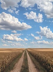 Fototapeta premium Country Road Through Golden Field Under Blue Sky