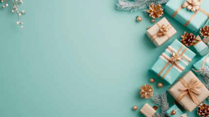 Festive Christmas Arrangement: Gifts and Winter Foliage on Teal Surface, Holiday Card Design