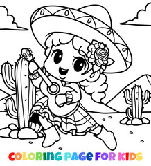 Cute Mexican girl playing guitar coloring page outline illustration