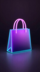 Glowing purple shopping bag with neon pink handles against a dark background