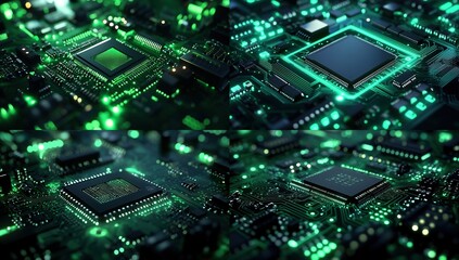 Obraz premium Close-up of four glowing green circuit boards with microprocessors.
